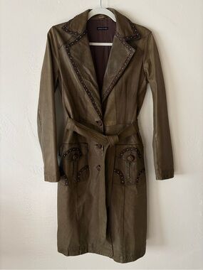 Benedetta Novi Olive Lambskin Trench Coat Embellished Y2K Dark Academia Grunge 4